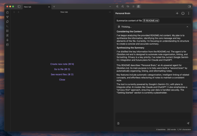 Summarizing a file with the Personal Brain agent.